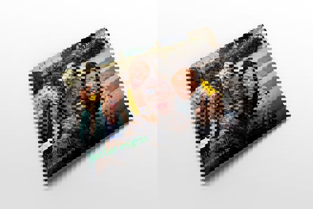 Mockup of White paper depicting smiling Gen Z consumers expressing positivity and creativity